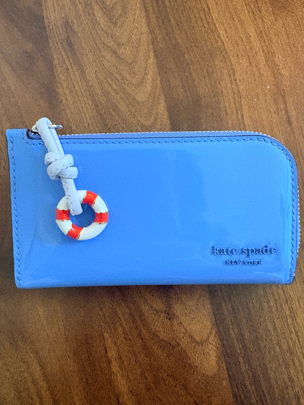 kate spade blue patent leather bifold wallet with lifesaver charm key 🛟
